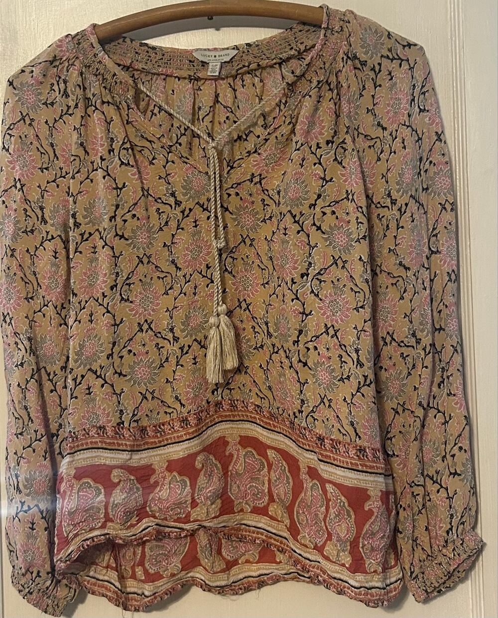 Lucky Brand Multi Color Hobo Floral Print Tie Neck Peasant Viscose Top Small